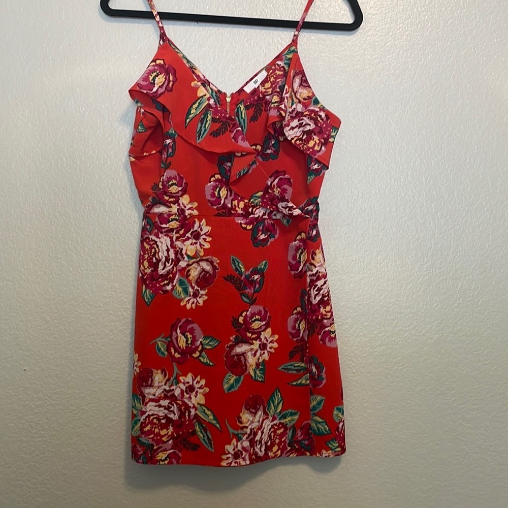 BP. Hawaiian print red dress faux wrap